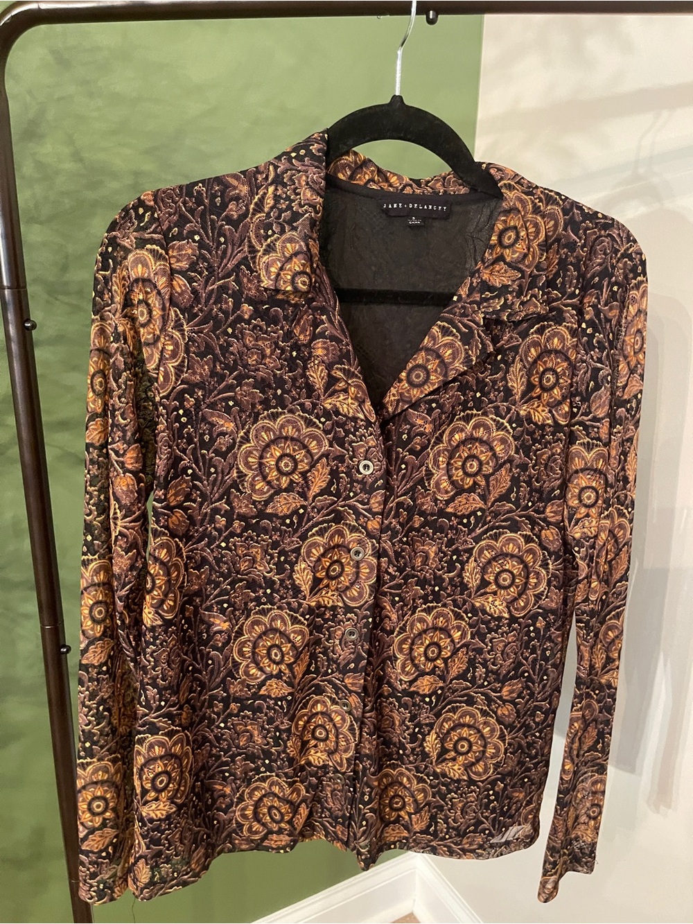 Jane and Delancey Brown and Gold Floral Button-Front Blouse